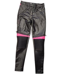 Zara High Rise Faux Black And Pink Leather Motorcyle Leggings With Zippers Sz XS